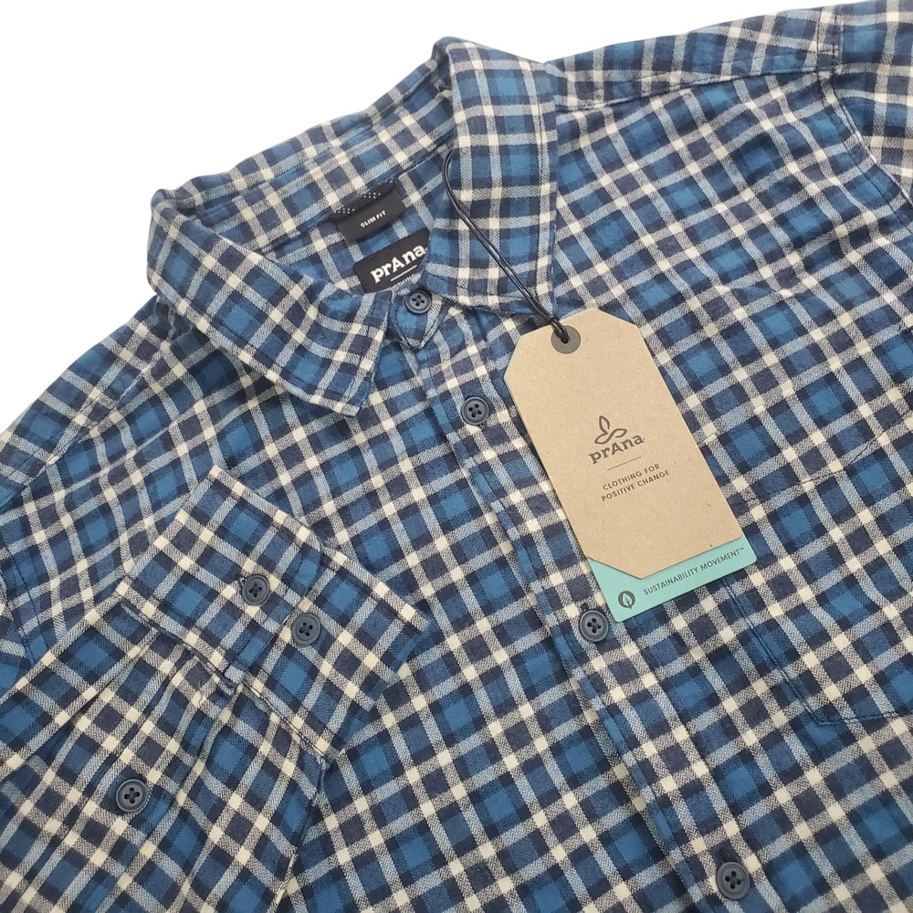 Prana Los Feliz Flannel Shirt Mens Small Slim Fit Admiral Blue Plaid Grunge New